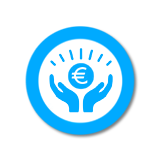 Ikona rukou ochraňujících disk se znakem Eura
